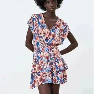 Zara Women’s Watercolor And Ikat Asymmetrical Hem Dress Ruffle Detail NWT Small